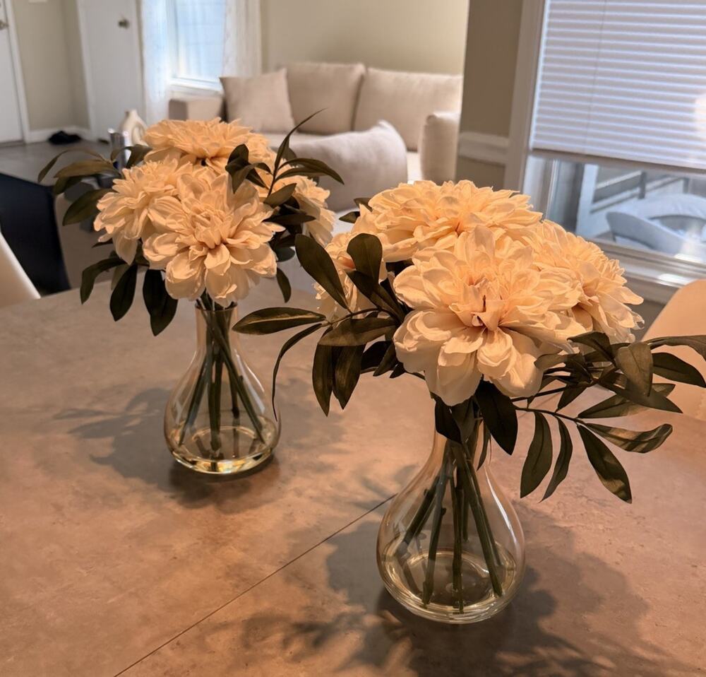 Set of 2 Faux Dahlia Flower Arrangement Artificial Centerpiece Glass Vase 15”
